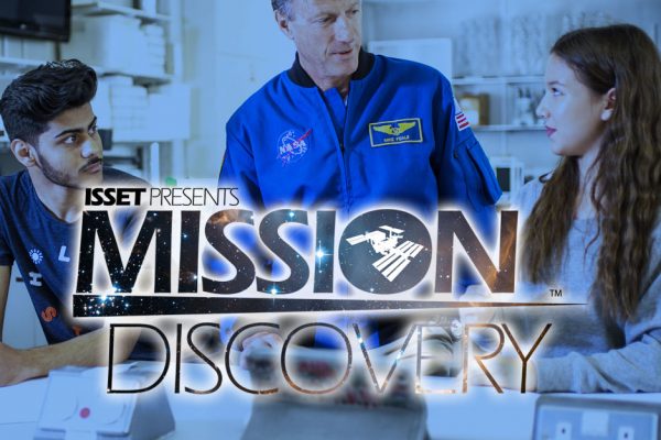 Students talking to NASA employee with Mission Discovery logo over the top
