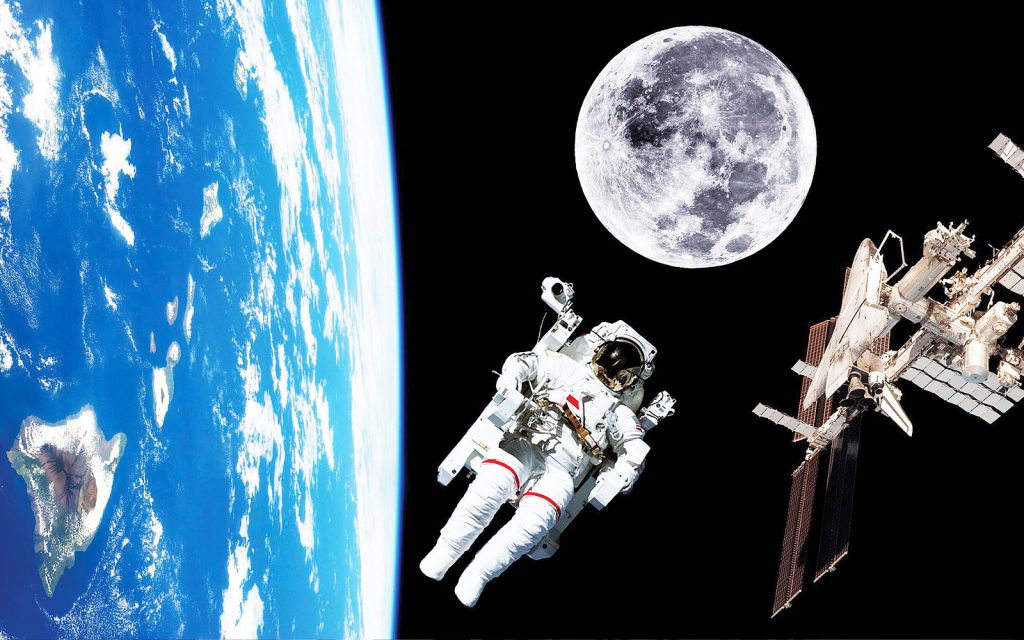 Man in space in front of space station and moon