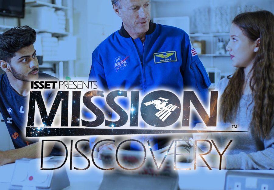 Students talking to NASA employee with Mission Discovery logo over the top