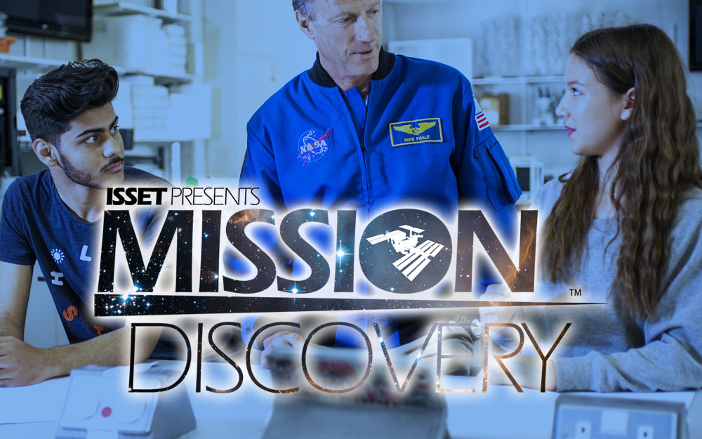 Students talking to NASA employee with Mission Discovery logo over the top
