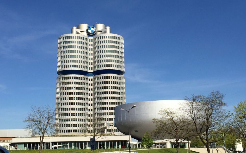 Outside BMW World's iconic towers